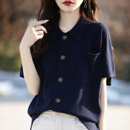 NicoleJolie法式POLO領(lǐng)短袖針織開衫女短袖t恤正肩夏季新款2024氣質(zhì)減齡上衣 藏藍(lán)色 2XL