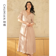初棉褶皺V領(lǐng)連衣裙女夏季 2024新款扭結(jié)連衣裙優(yōu)雅法式顯瘦a字裙 裸粉 S