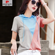 皮爾卡丹（pierre cardin）連帽拼色t恤女短袖夏裝撞色帶帽冰絲體恤絲光棉上衣半袖帽衫 藍色 S 80-95