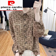 皮爾卡丹（pierre cardin）韓系純棉長(cháng)袖襯衫女2024春春夏翻領(lǐng)數碼印花減齡上衣亞麻打底衫襯 卡其色 XL (建議120-135斤)