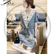 織迷（weave infatuations）蕾絲V領(lǐng)連衣裙女感氣質(zhì)拼接牛仔直筒裙夏季2024年新款歐洲站 圖片色 S