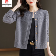 皮爾卡丹圓領(lǐng)針織開(kāi)衫外套上衣女春秋新款寬松時(shí)尚可外穿針織衫外搭 灰色 3XL 議141-155斤