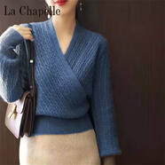 拉夏貝爾（La Chapelle）法式輕奢絞花秋冬加厚毛衣V領(lǐng)交叉氣質(zhì)打底針織衫女外穿上衣洋氣 純100自動(dòng)發(fā)熱藍色 純100自動(dòng)發(fā)熱L 【建議105-115斤】