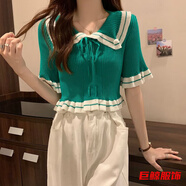 tromlfz設(shè)計感小眾荷葉邊娃娃領(lǐng)針織衫短袖T恤女夏獨特法式別致短款上衣 6A46-1綠色 均碼 (70-125斤可穿)