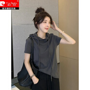 皮爾卡丹連帽衛(wèi)衣女夏季女裝2025新款時(shí)尚寬松休閑棉短袖t恤女上衣 灰色 XL