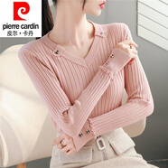 皮爾卡丹（pierre cardin）23年新款加絨V領(lǐng)毛衣女秋冬韓版長袖紐扣木耳邊針織打底衫內(nèi)搭上 粉色 S