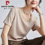 皮爾卡丹（pierre cardin）強(qiáng)捻干爽大圓領(lǐng)合體正肩短袖T恤女25夏季法式花紗紋理感體恤上衣 2024燕麥色U領(lǐng)2025 L