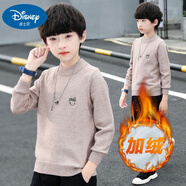 迪士尼兒童羊毛衫男中大童毛衣春秋冬帥氣針織衫加厚套頭打底上衣繡花 卡其色(加絨) 一體絨 140 cm
