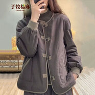 子牧棉麻冬裝 女復古文藝撞色拼接寬松休閑外套棉服上衣3113 灰色 3XL (建議145-155斤)