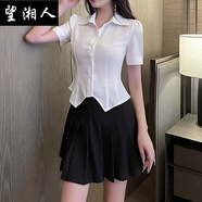 望湘人足浴技師工作服女足療店氣質(zhì)高端套裝沐足KTV前臺襯衫百褶裙工衣 上衣+黑裙子無領帶 L建議105-115斤