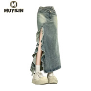 沐依琳牛仔褲女秋季新款魚(yú)尾不規則開(kāi)叉牛仔復古藍花邊波浪高腰包臀裙 復古藍(斜腰) L 建議105-115斤