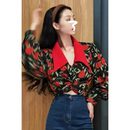 花九卿花襯衫女復古港味風(fēng)港風(fēng)長(cháng)袖2025新款設計感印花 黑紅色印花長(cháng)袖襯衫[店鋪 L [建議110斤-120斤]