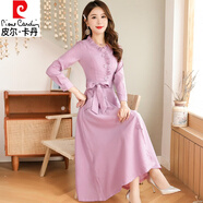 皮爾卡丹長(cháng)袖棉麻連衣裙女秋季新款韓版休閑氣質(zhì)減齡收腰顯瘦過(guò)膝長(cháng)裙 粉紅色 L 170