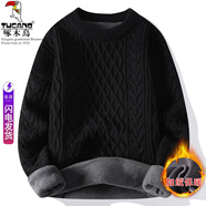 啄木鳥圓領(lǐng)針織毛衣男秋冬季寬松百搭質(zhì)感條紋打底衫休閑潮流長袖內(nèi)搭 黑色加絨 M (建議90-110斤)