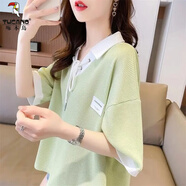 啄木鳥(niǎo)涼感短袖t恤女夏季新款韓版寬松大尺碼polo領(lǐng)撞色小個(gè)子半袖上衣 綠色 3XL 【建議141-170斤】