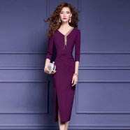 菲梦伊菲梦伊法式高级感连衣裙女秋季新款褶皱设计感气质流苏开叉裙礼服 紫色 XL