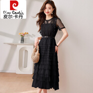 皮爾卡丹（pierre cardin）蛋糕裙連衣裙女2024新款夏天裙子法式長款氣質(zhì)名媛小個子蕾絲長裙 黑色 2XL 125 以內(nèi)