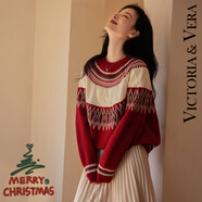 VICTORIA&VERA女裝冬季圣誕紅撞色菱形寬松百搭長袖針織衫V7166S15001紅色 L