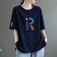 清倉撿尾單大牌剪標(biāo)專柜撤回時(shí)尚潮流短袖中長(zhǎng)款印花t恤女 98藏青色【R字母】白袖 XL 建議120-140斤