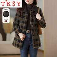 TKSY加絨加厚毛呢外套女短款2025秋冬新款小個(gè)子氣質(zhì)媽媽格子呢子大衣 咖格 (加厚) 加絨 L (165) -
