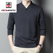 AEMAPEV領(lǐng)桑蠶.絲長(cháng)袖T恤男中式潮流休閑桃心領(lǐng)男裝春秋通勤體恤打底衫 銀灰色 175/XL 建議（130-155斤） 