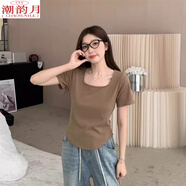 潮韻月200斤胖妹妹高中生上衣大碼微胖方領(lǐng)正肩短袖t恤2023新款 卡其色 2XL大碼建議140--1