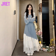 Jret假兩件蕾絲拼接藍(lán)色長袖連衣裙子女早春裝2025新款感法式長裙 藍(lán)色連衣裙【韓系氛圍感穿搭/釣 L 55/60kg