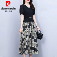皮爾卡丹（pierre cardin）大l碼假兩件連衣裙女夏季新款媽l媽領(lǐng)雪紡印花裙顯瘦遮肚短袖長(cháng)裙 黑色 【優(yōu)質(zhì)】 3XL 【135-145斤】