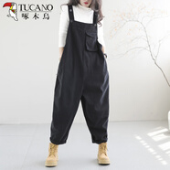 TUCANO;啄木鳥(niǎo)背帶褲女2025新款春秋季減齡休閑百搭文藝復古時(shí)尚大碼胖mm連體褲 黑色薄 輕薄 L 【建議100-140斤】