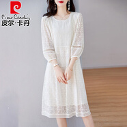 皮爾卡丹（pierre cardin）高端氣質(zhì)真絲連衣裙女夏2025新款重工刺繡洋氣減齡桑蠶絲白色裙子 米白色 M 90-105斤