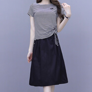 桂雪格夏季短袖連衣裙女裝2024新款韓版時(shí)尚氣質(zhì)中長(cháng)款條紋套裝半身裙子 黑色兩件套 XL （110-120斤）