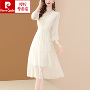 皮爾卡丹（pierre cardin）品牌輕奢法式重磅冰絲鑲鉆連衣裙女2026夏季新款系帶顯瘦中長(cháng)款 杏色 M