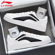 李寧（LI-NING）板鞋男休閑運(yùn)動(dòng)鞋子男秋冬季小白鞋男士皮面防潑水時(shí)尚百搭滑板鞋 雪白-黑標(biāo) 42