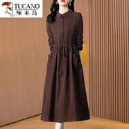 啄木鳥(niǎo)連衣裙女裝2024春秋長(cháng)袖十三行款氣質(zhì)高端品牌洋氣媽媽裙子 深咖 L