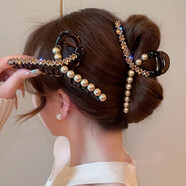 丹琴高級感韓版鑲鉆抓夾2025新款鯊魚(yú)夾后腦勺盤(pán)發(fā)夾發(fā)卡輕奢閃鉆發(fā)飾 咖色珍珠鑲鉆抓夾（13厘米）
