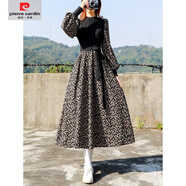 皮爾卡丹（pierre cardin）加絨加厚長袖針織連衣裙2025秋冬新碎花毛衣裙假兩件收腰顯瘦長裙 黑色 常規(guī)款 碎花裙 不加絨 S (建議100斤以下)
