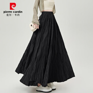 皮爾卡丹（pierre cardin）不規則褶皺百褶半身裙女春秋季松緊高腰顯瘦垂感a字大擺傘裙長(cháng)裙 黑色 M