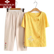 俞兆林（YUZHAOLIN）母亲节中老年女装中年妈妈夏装套装纯棉绣花宽松时尚洋气上衣奶奶 黄色-福2221 XL(建议100斤以内)