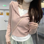 蝗裳一族純欲風(fēng)拼接撞色假兩件連帽長(zhǎng)袖T恤女秋冬季小眾設(shè)計(jì)感修身上衣服 粉色 L【建議106-115斤】