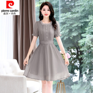 皮爾卡丹（pierre cardin）23年新款雪紡連衣裙女夏季氣質(zhì)高端收腰顯瘦短袖小個(gè)子中長(zhǎng)裙子 淺灰色 S 建議85-95斤