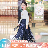 蘿美醬2025新款馬面裙女童過(guò)年服套裝全套兒童漢服春秋小女孩中國風(fēng) 鶴吟長(cháng)袖上衣+藏青色馬面裙+項鏈 110