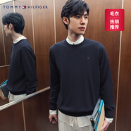 TOMMY HILFIGER【柔軟純棉】25秋冬男撞色條紋學院風針織衫/情侶款純色毛衣 【純色繡標毛衣】午夜藍FAP M （推薦：135-150斤）