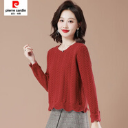 皮爾卡丹荷葉邊圓領(lǐng)毛衣女短款秋冬新款內搭針織打底衫小個(gè)子上衣 紅色 XL