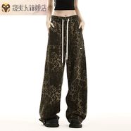 寇夫人豹紋褲子男女工裝褲美式復(fù)古ins嘻哈街舞休閑寬松直筒褲 黑色 L