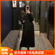 Aseblarm黑色毛呢大衣女外套西裝2023冬季新款加絨加厚長款過膝赫本風(fēng)大衣 黑色 加棉加厚 L 建議125-140斤
