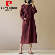 皮爾卡丹（pierre cardin）棉麻2025春秋新款連衣裙中長(cháng)款文藝長(cháng)袖日系森女A字裙 酒紅色今年流行的輕奢品牌 XL 【125-140斤】