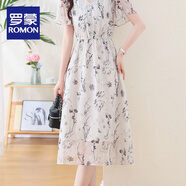 羅蒙（ROMON）國風(fēng)水墨印花V領(lǐng)超仙連衣裙2025夏季新款荷葉袖收腰顯瘦雪紡裙子 圖片色 M 【建議95-105斤以內(nèi)】