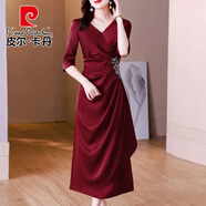 皮爾卡丹喜婆婆婚宴裝年輕高貴喜服醋酸緞面連衣裙女結(jié)婚媽m禮服2025新款 NRJ9560 酒紅色 五分袖 2XL
