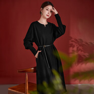水墨佳人2024新款春秋款寬松顯瘦圓領(lǐng)長袖羊毛連衣裙女闊版修身純色中長裙 黑色 L (115-125斤)