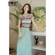 艾珠兒（Aizhuer）連衣裙女裝2024夏季新款針織條紋彩虹色上衣顯瘦口袋半身裙套裝裙 彩虹色上衣+口袋半身裙 L